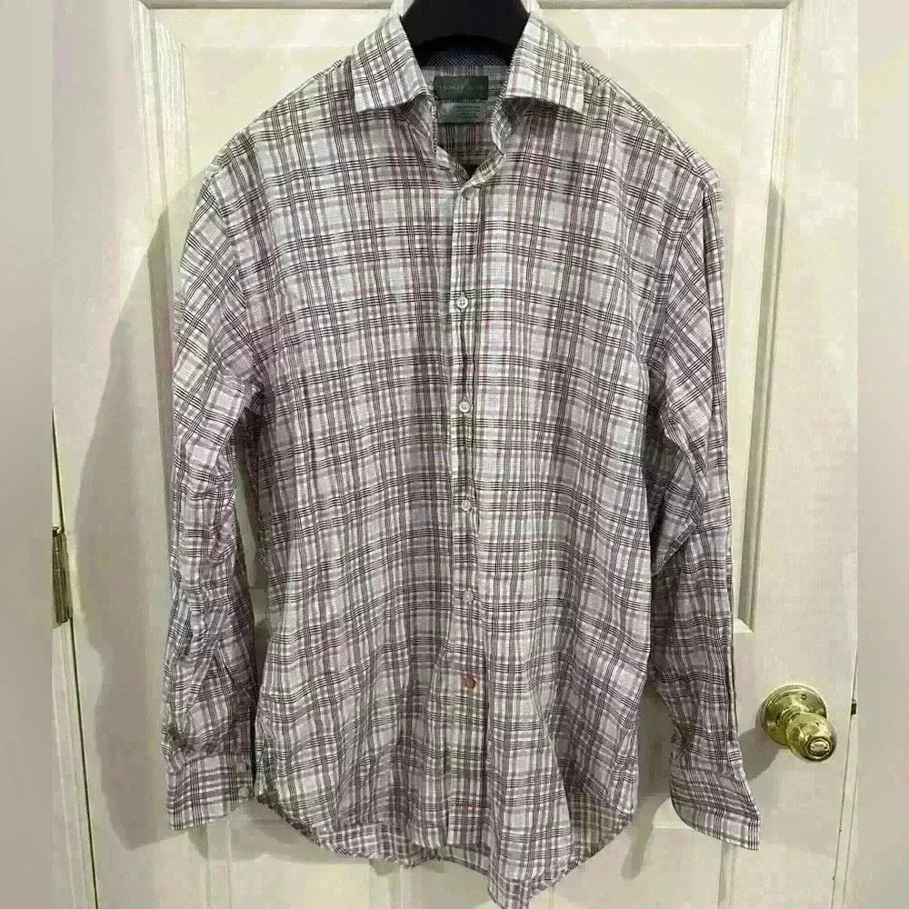 Thomas Dean Men’s Medium Button Down Flip Cuff Long Sleeve Plaid Shirt - Picture 1 of 7
